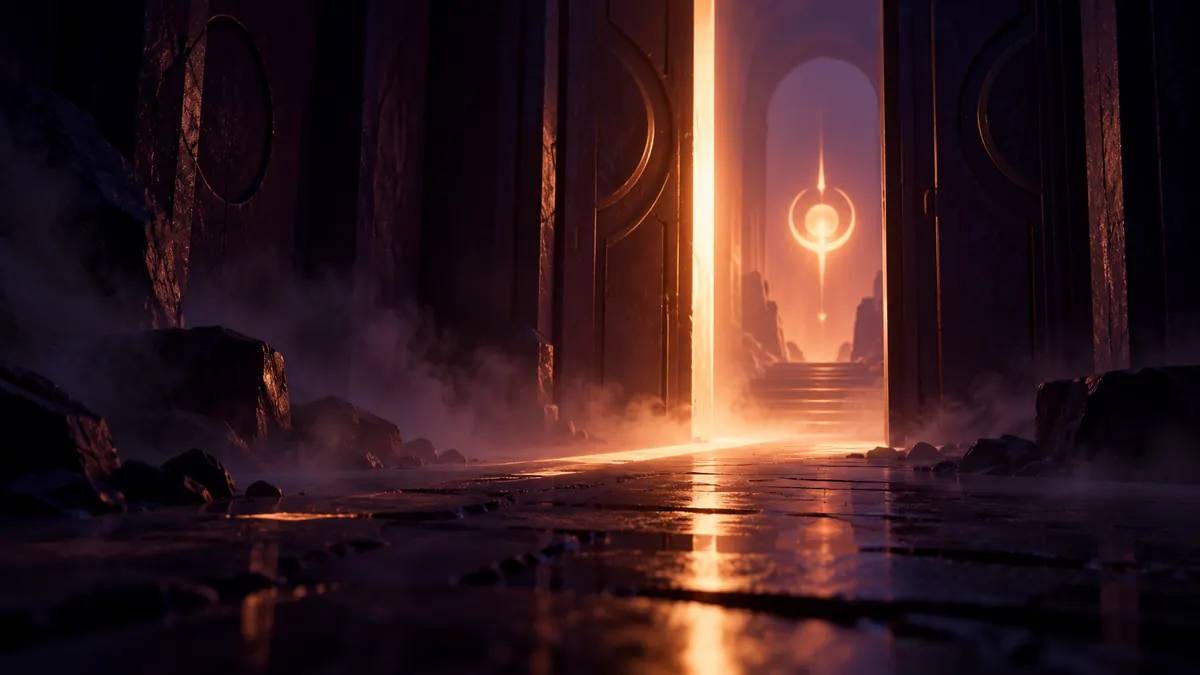 A dark misty corridor with a faint glowing symbol barely visible in the shadows