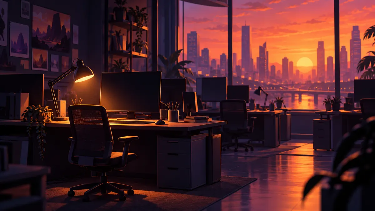 An empty studio office at dusk with dark monitors and one desk lamp still on