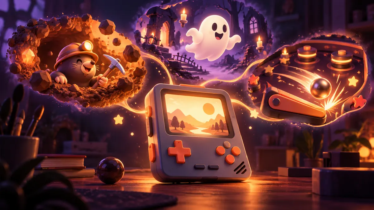 A retro handheld console surrounded by a digging mole, a friendly ghost and a pinball flipper