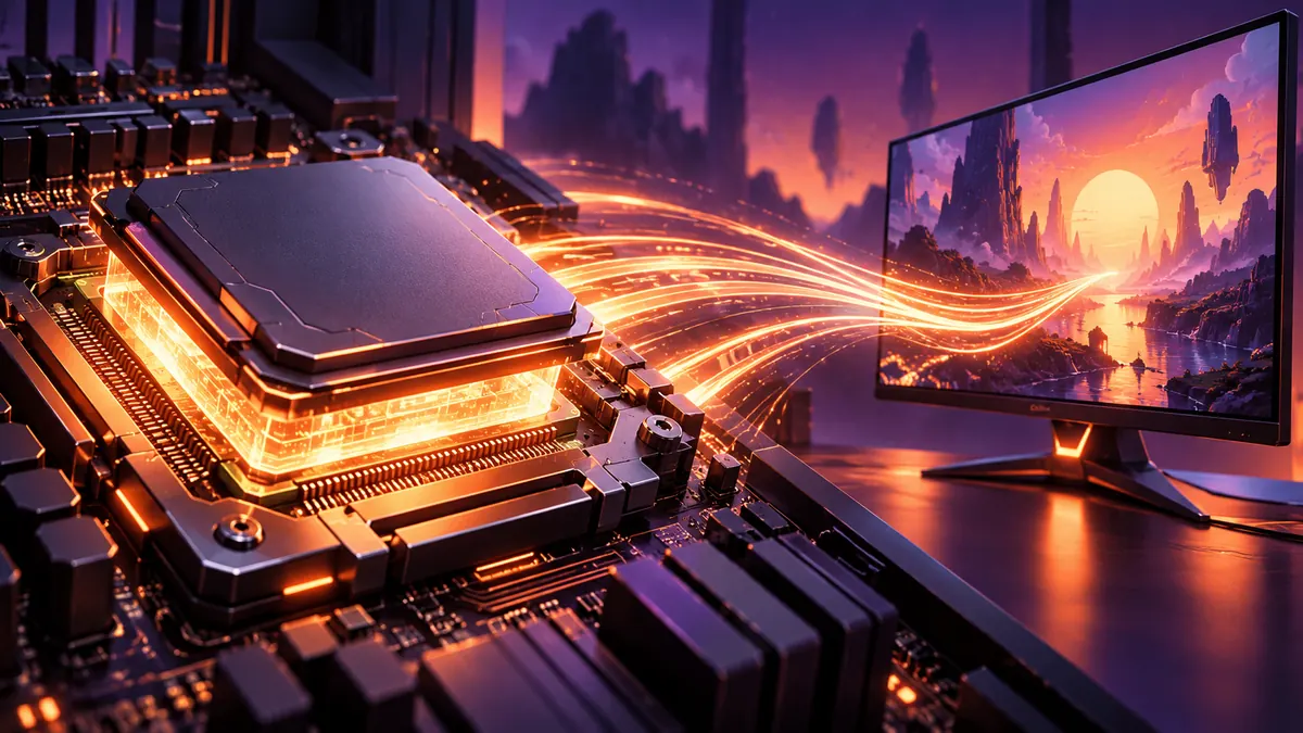 A desktop processor in its socket with a glowing stacked layer and light trails flowing to a monitor