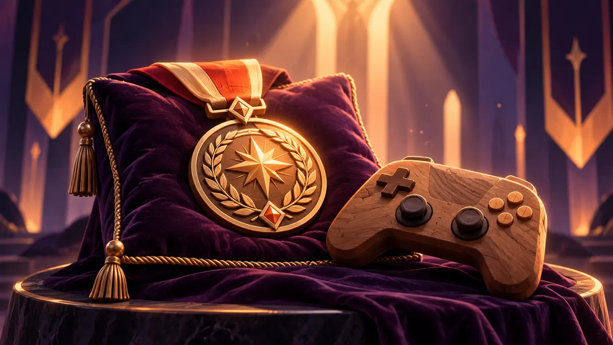 A ceremonial medal on a velvet cushion beside a wooden game controller under a spotlight
