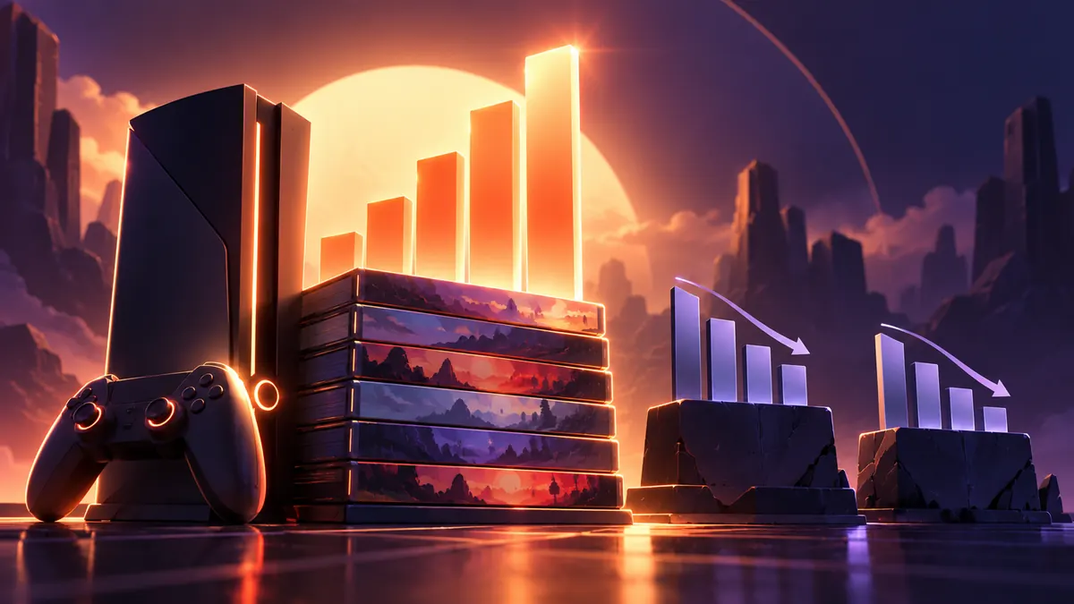 A tall glowing bar chart rises from a stack of game cases while two smaller charts dip