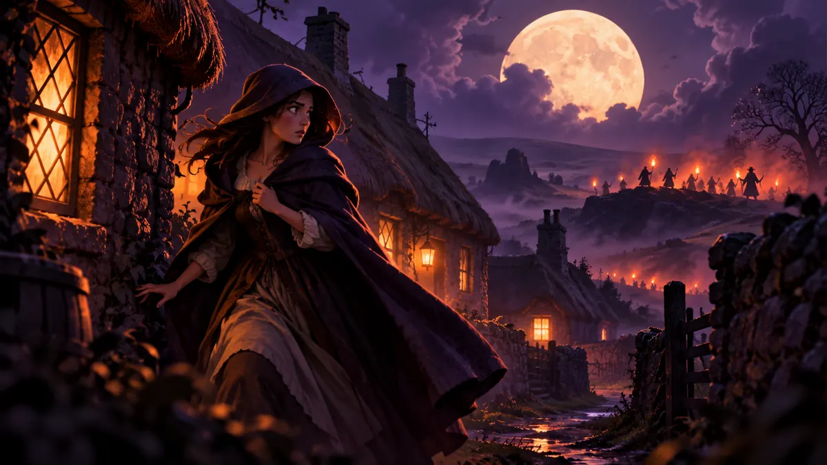 A hooded woman slips between thatched cottages under a full moon as distant torches search the moors