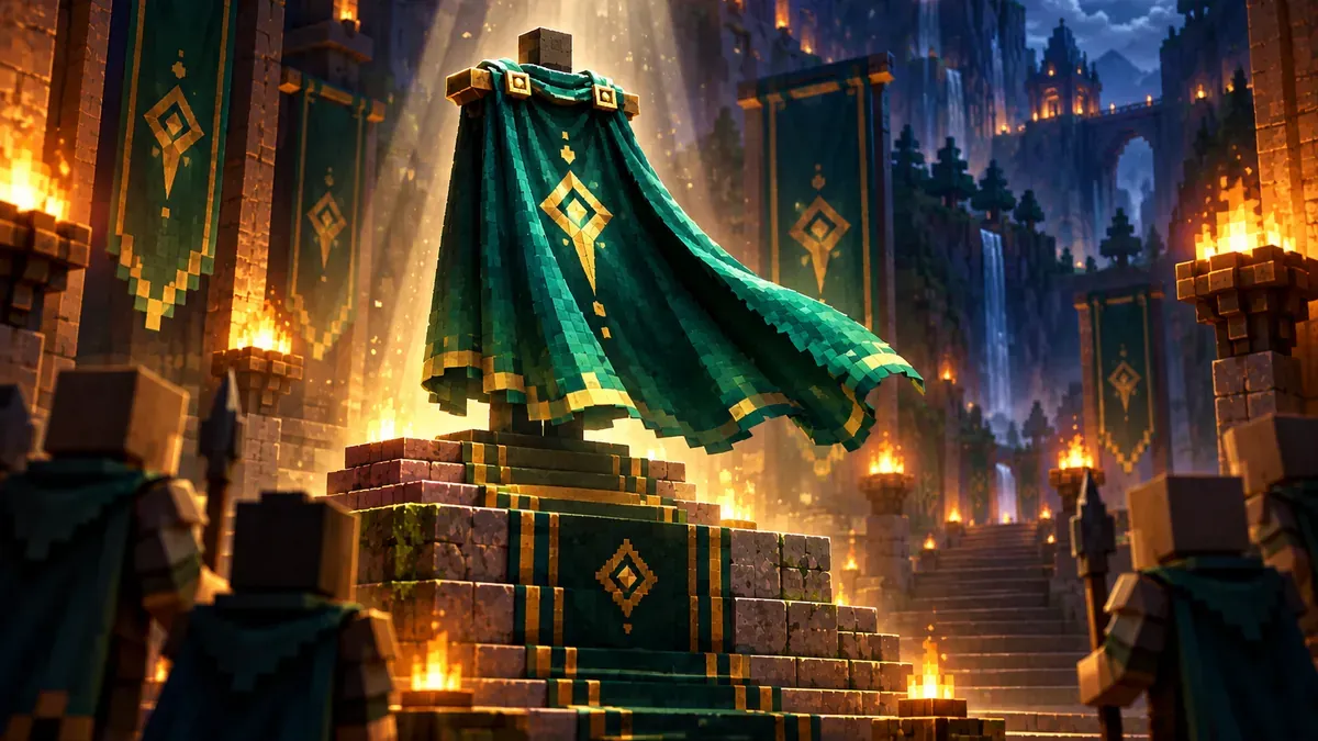 A flowing teal cape on a stone pedestal, lit by a beam of light in a hall of banners