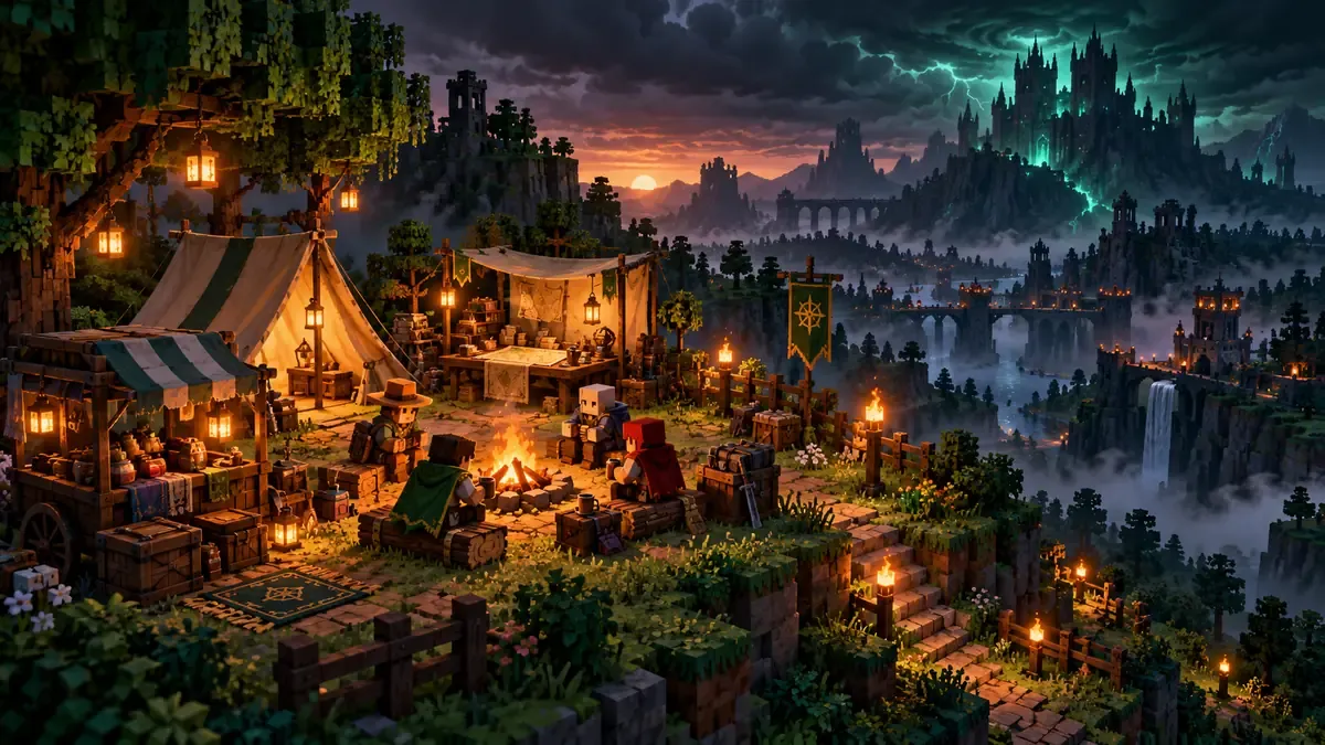 A cosy adventurers' camp at dusk with tents, a campfire and a dark castle on the horizon