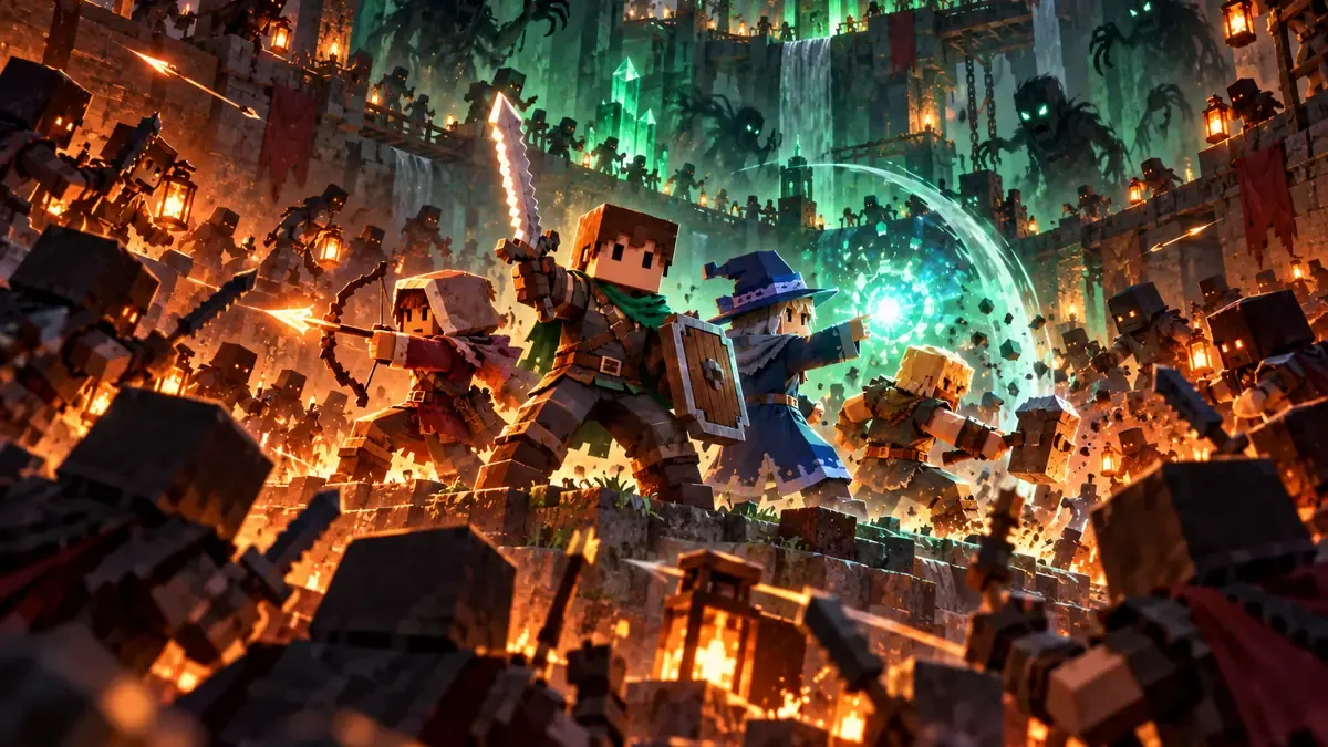 Four blocky heroes fighting back to back against a horde of hooded raiders in a torch-lit cavern