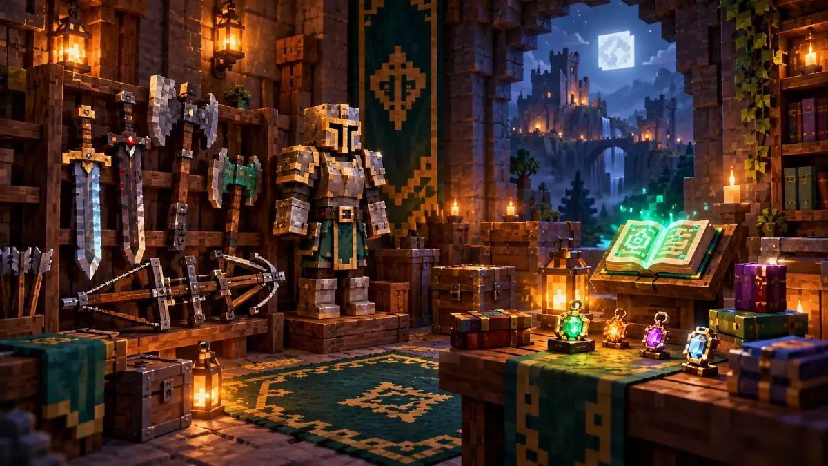 An adventurer's armoury with swords, crossbows, a full suit of armour and glowing enchanted books
