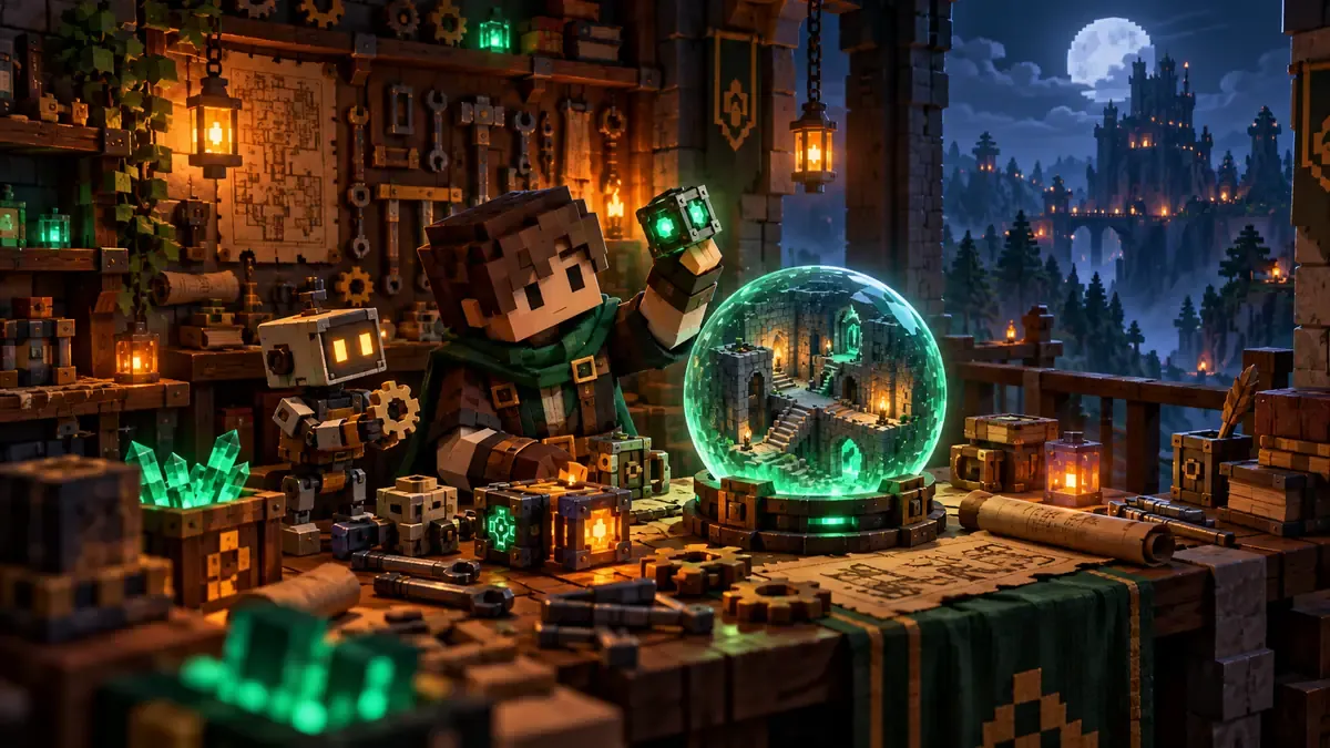 A tinkerer's workshop full of glowing gadgets, gears and a crystal ball showing a tiny dungeon