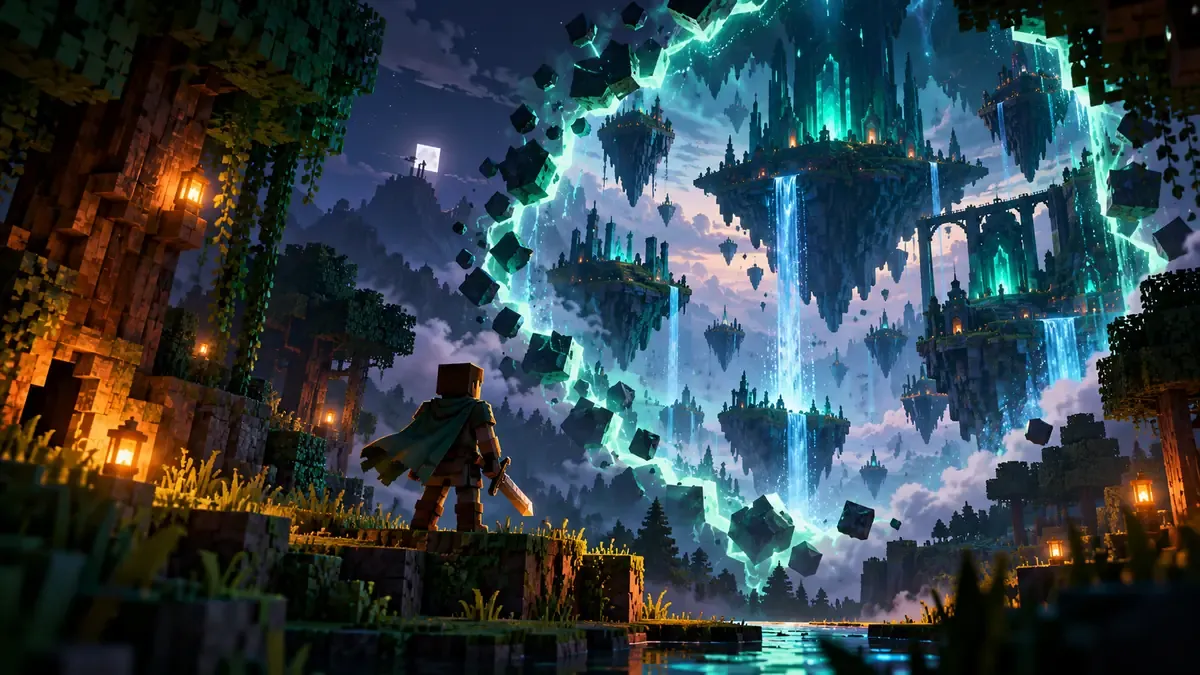 A glowing crack in a blocky forest opening onto a dimension of floating islands